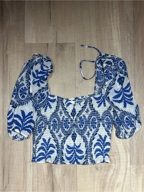 H&M Blue & White Printed Smocked Crop Top